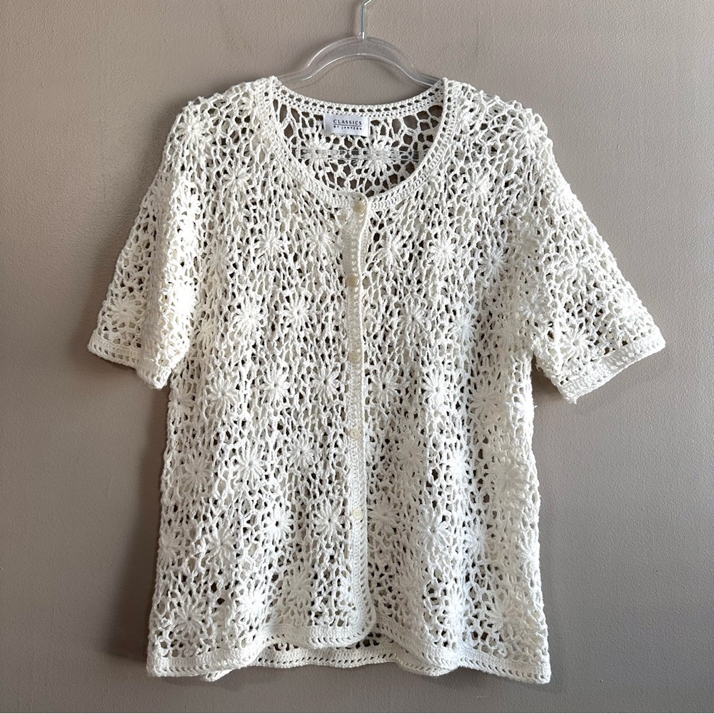 Classics by Jantzen Ivory Crochet Floral Knit Button Front Short Sleeve Sweater